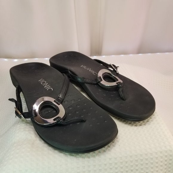 Vionic Women's Karina OrthaHeel Flip Flop Thong Sandals Black Silver Ring Size 7 - Picture 6 of 6